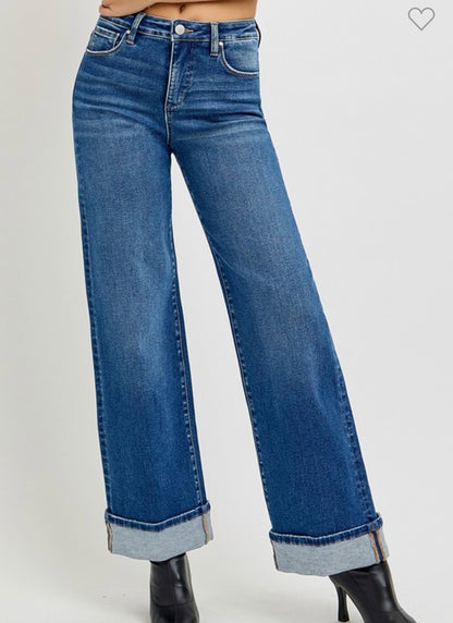 Risen High Rise Wide Leg Cuffed Jeans