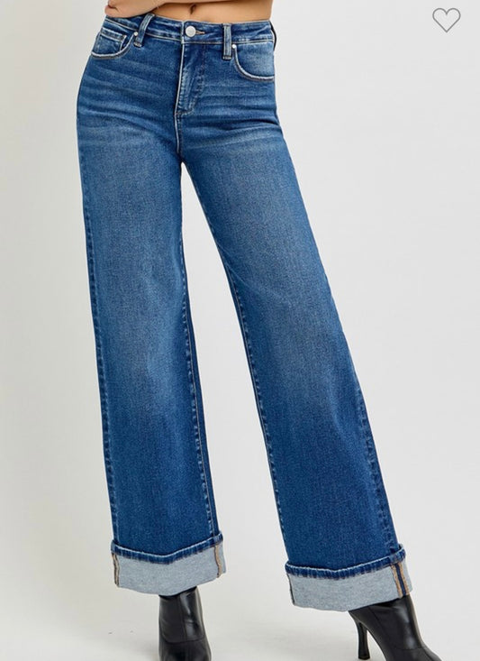 Risen High Rise Wide Leg Cuffed Jeans