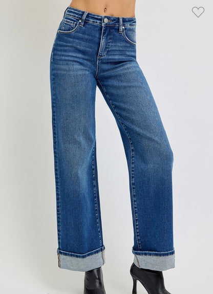 Risen High Rise Wide Leg Cuffed Jeans